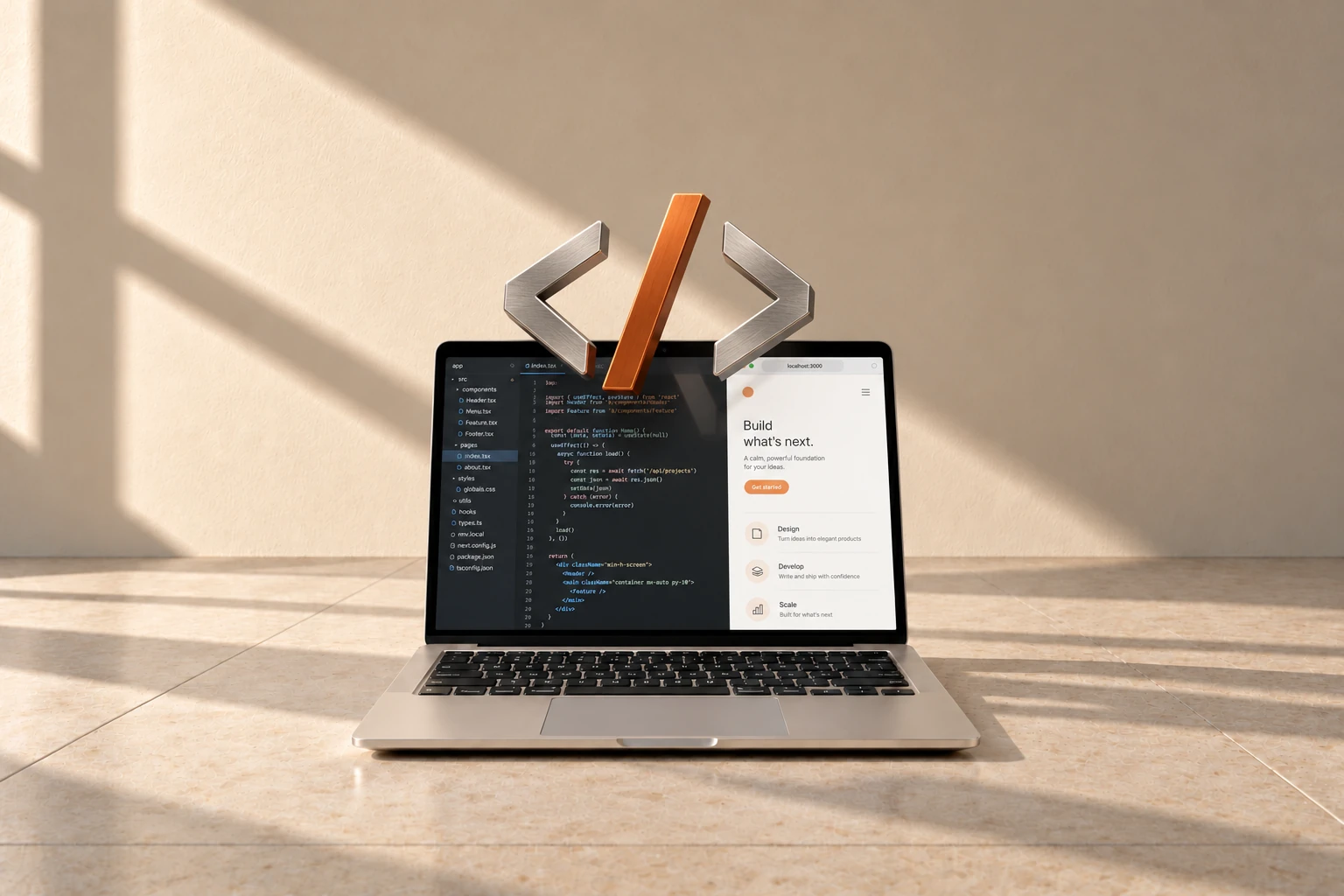 Design and development tools emerging from a laptop on a sunlit desk