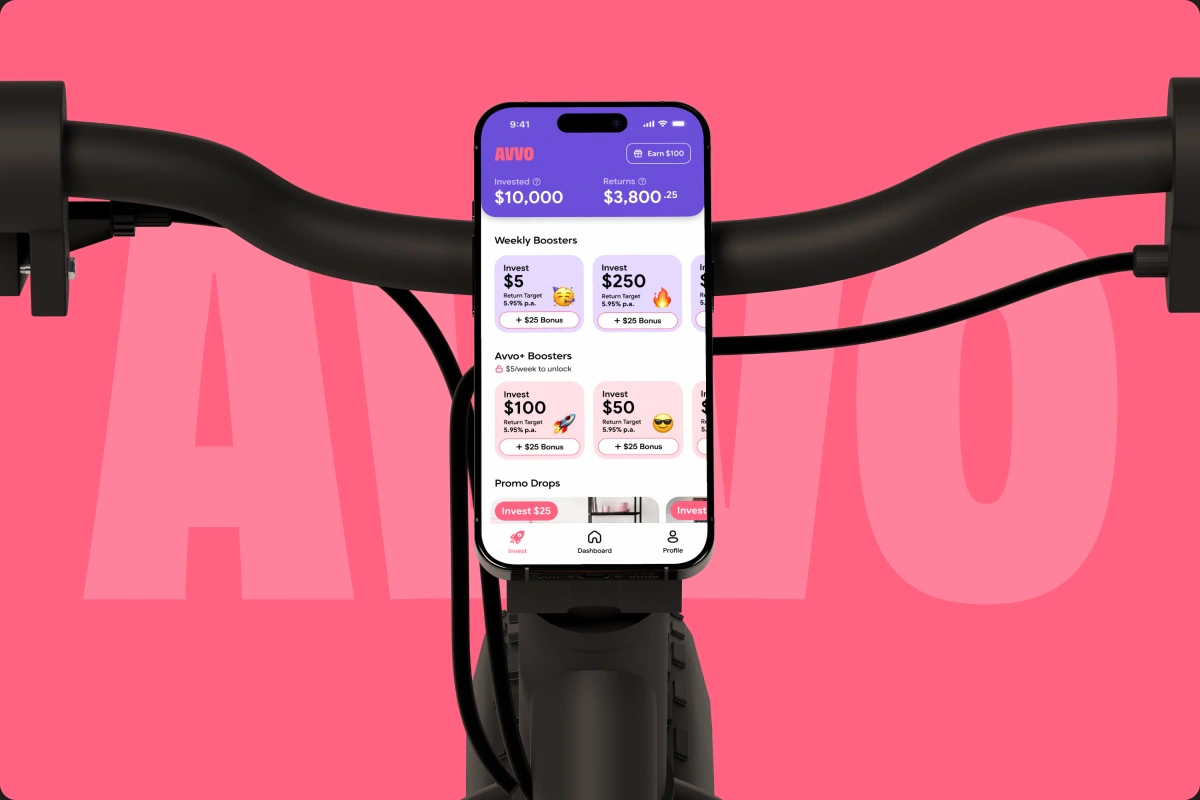 AVVO mobile app on a bicycle stand against the pink AVVO wordmark