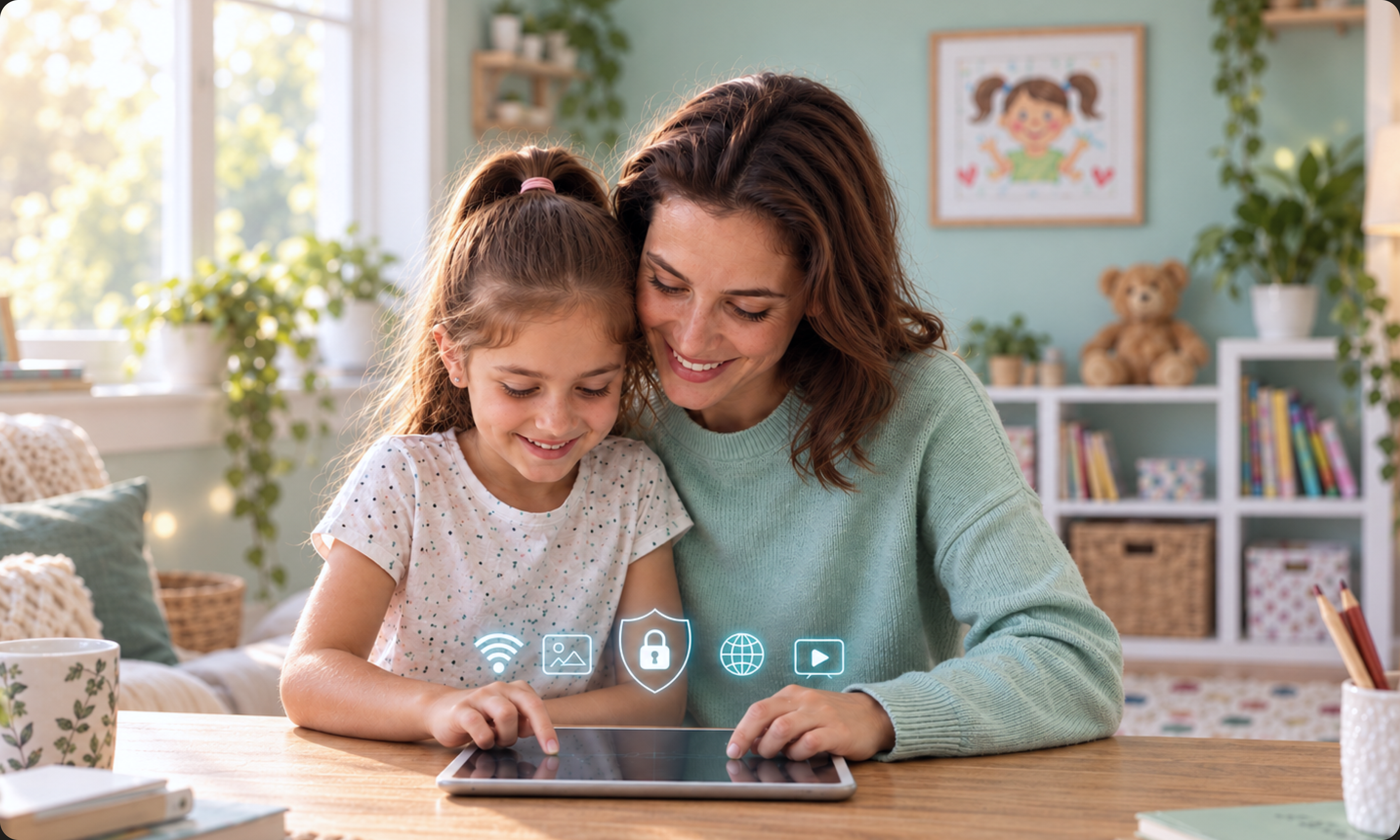 AEGIS digital safety platform shown on a tablet with a parent and child