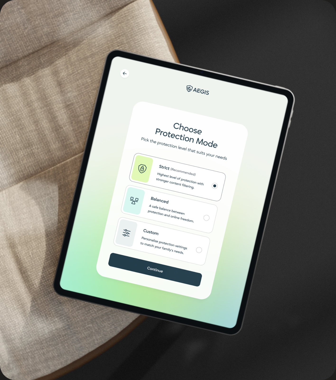 AEGIS digital safety platform shown on a tablet with a parent and child