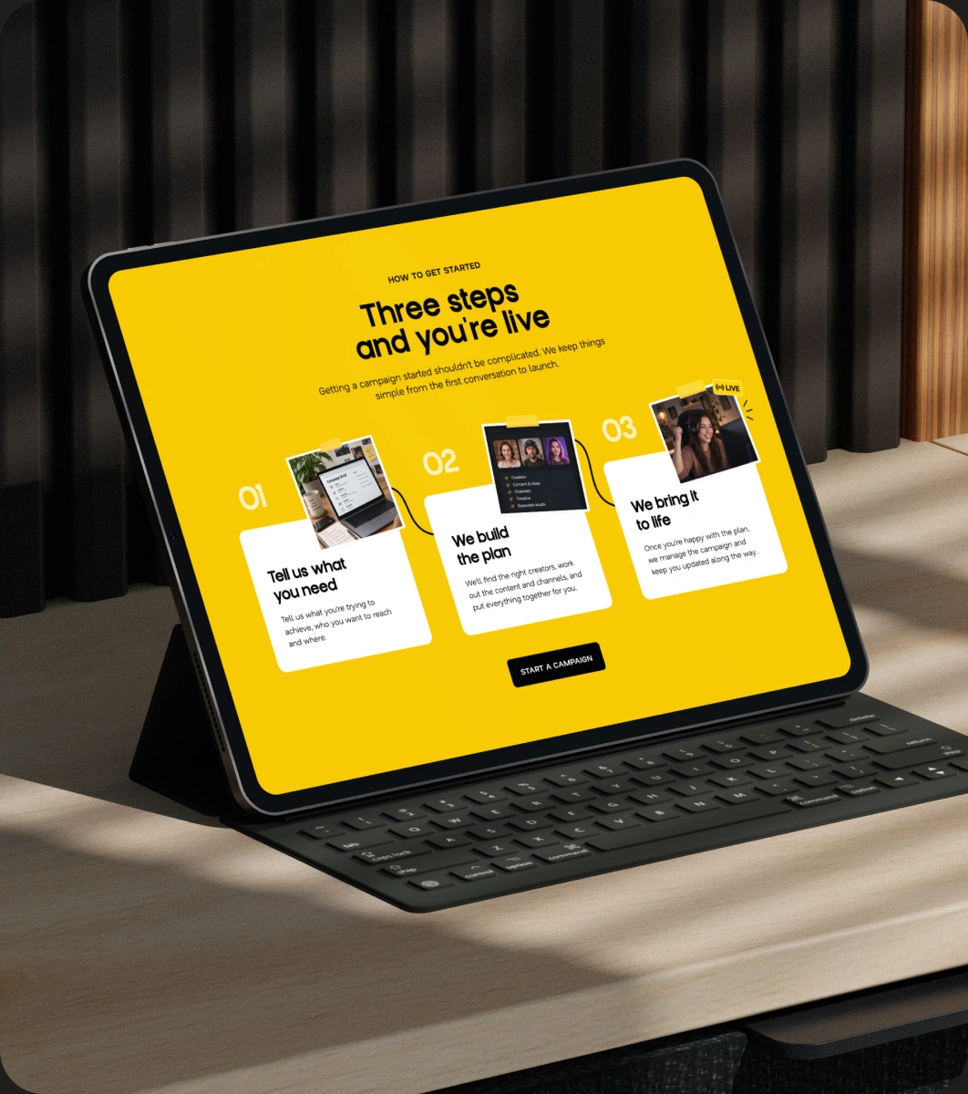 Miela website displayed on an iPad on a modern desk