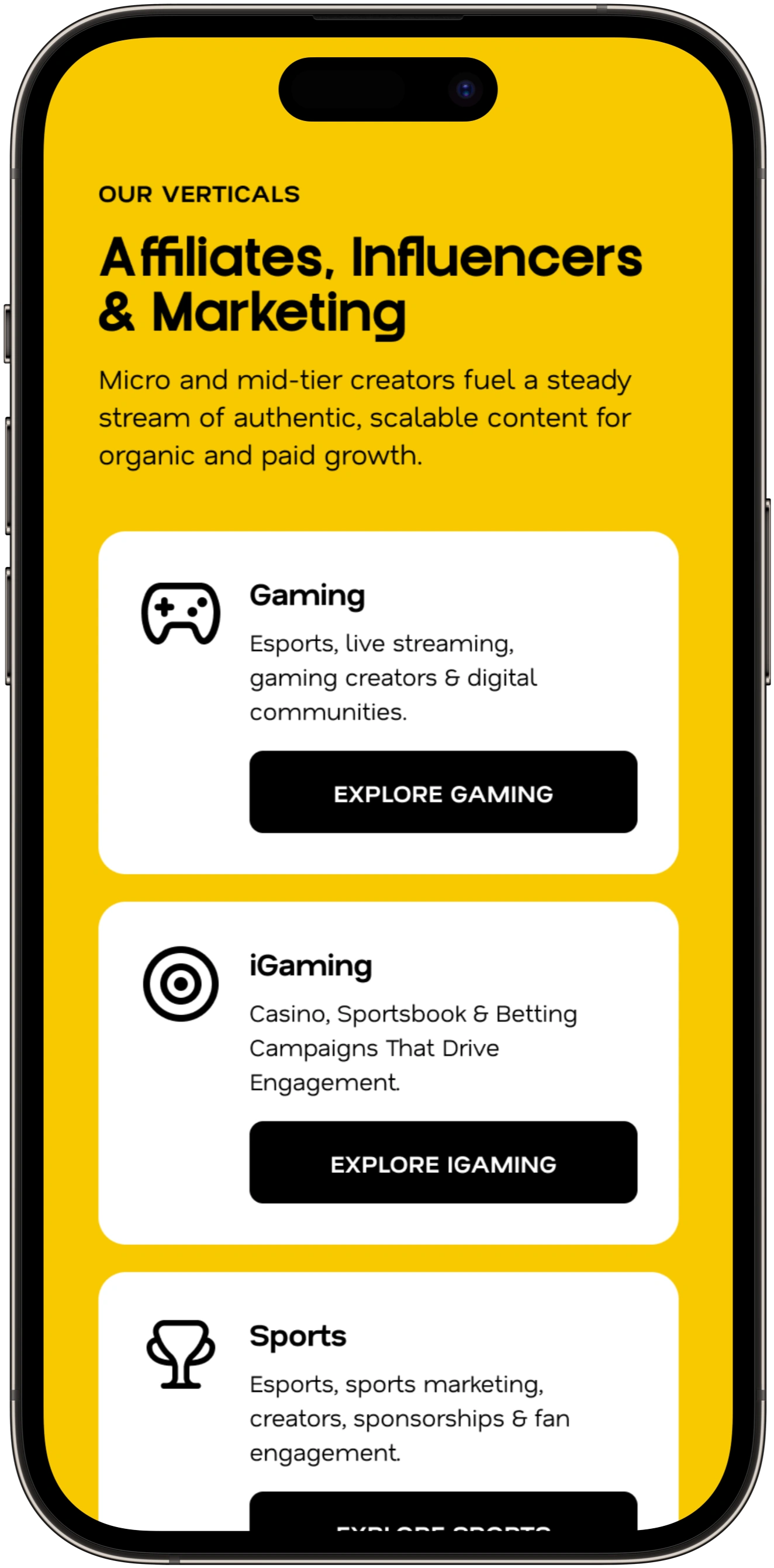 Three mobile layouts from the Miela website, screen 2