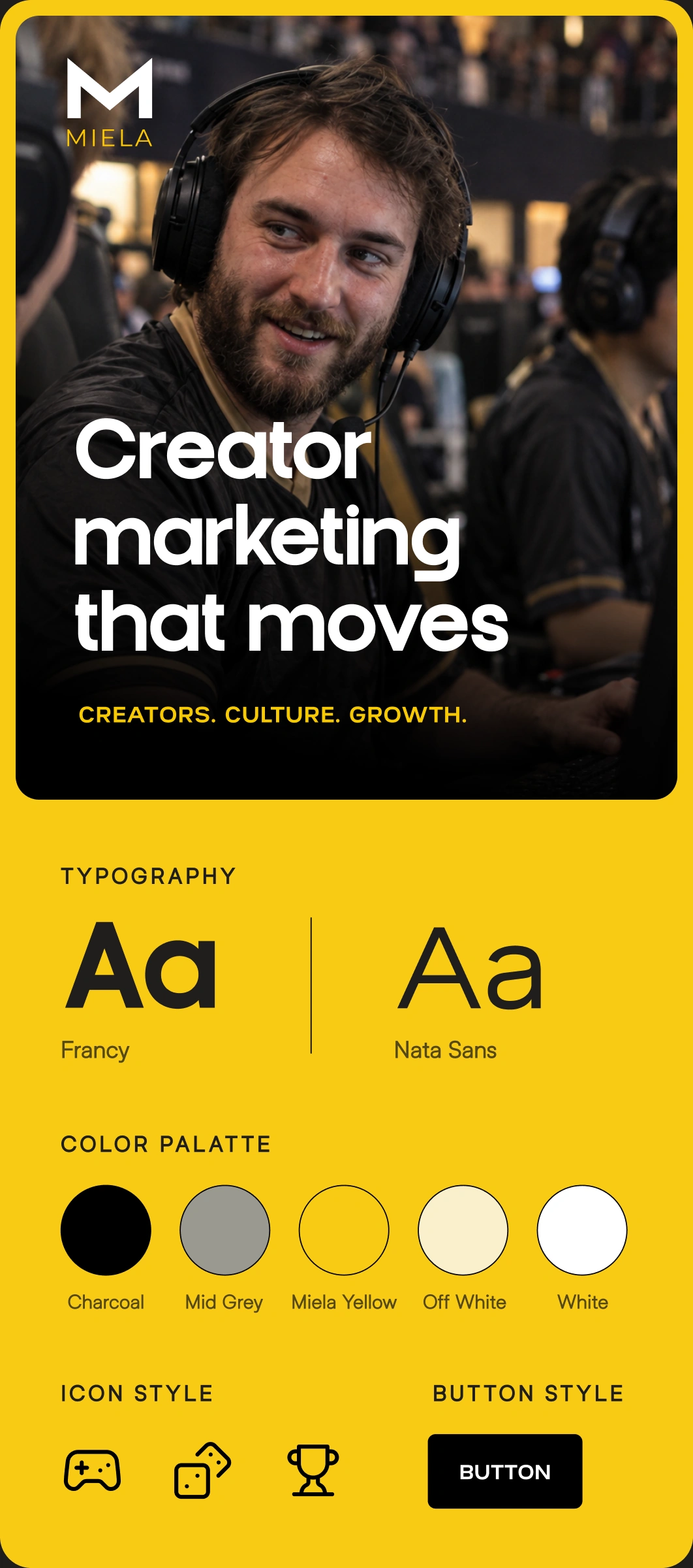 Miela visual system with Francy and Nata Sans typography, colours and icons