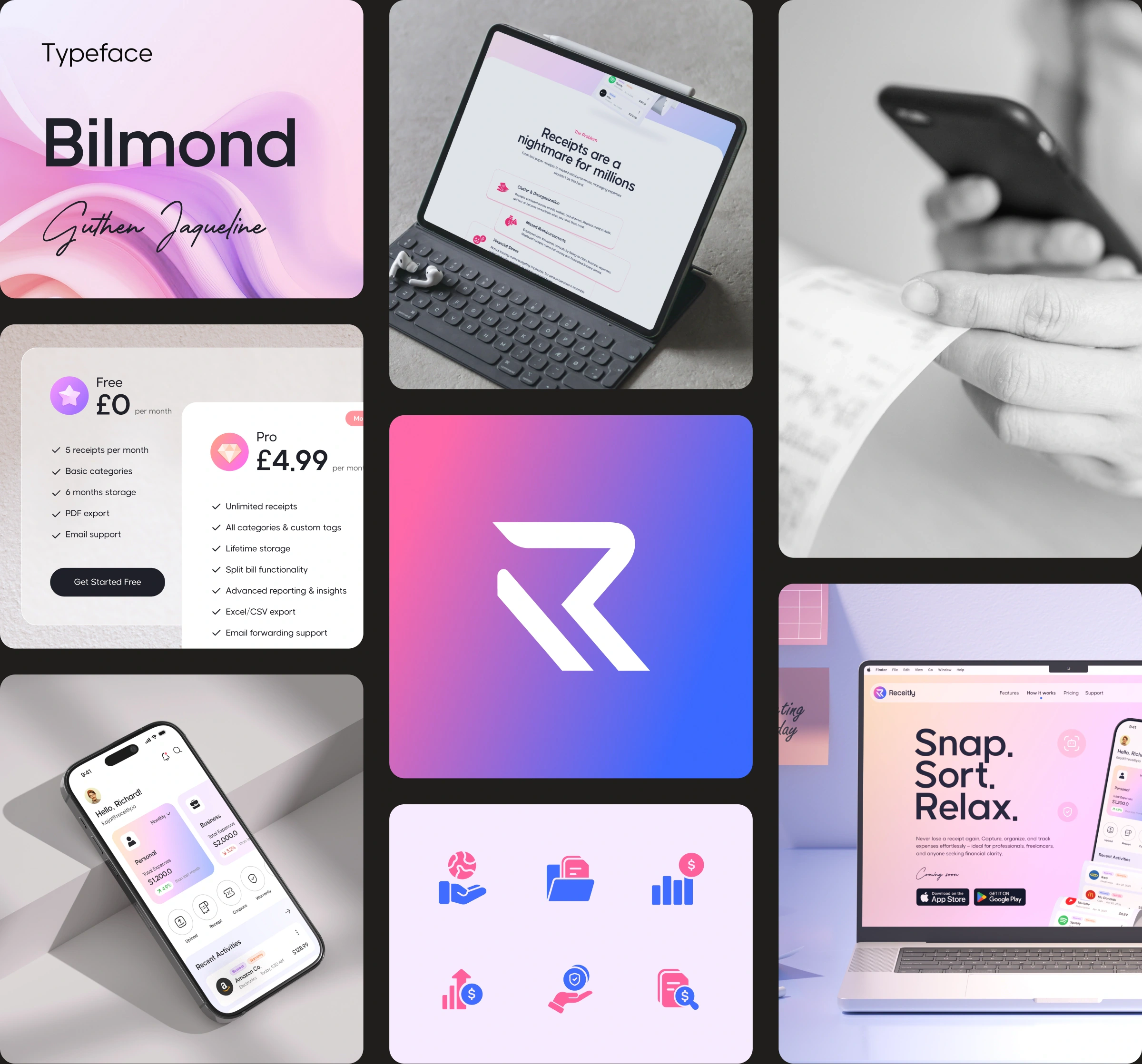 Receitly visual system: typography, product screens, icons and lavender gradients