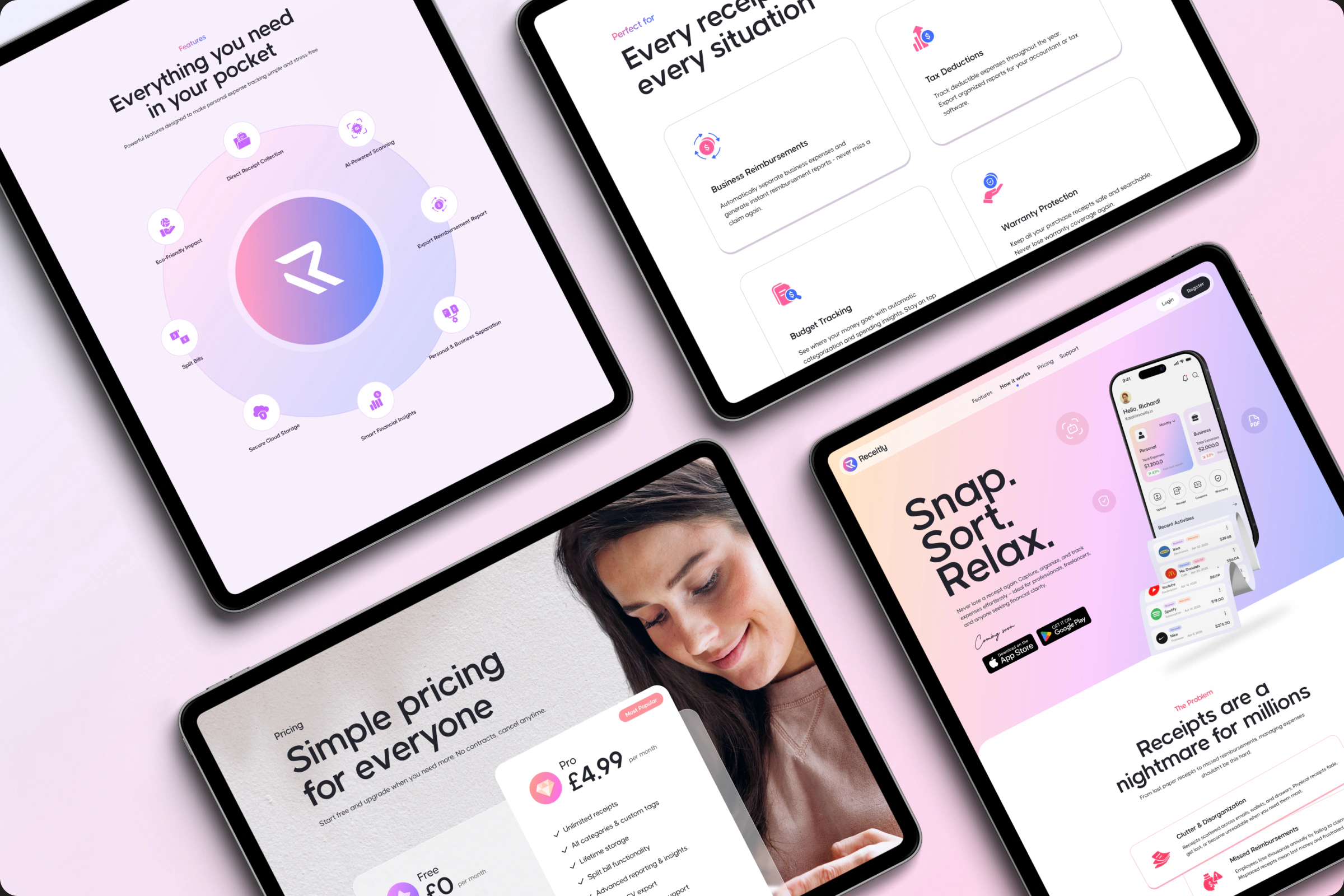 Receitly interface screens arranged on a soft pink gradient