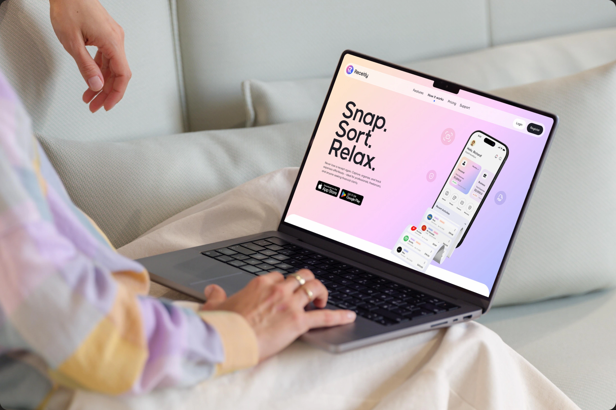 Receitly website in use on a laptop while sitting on a sofa