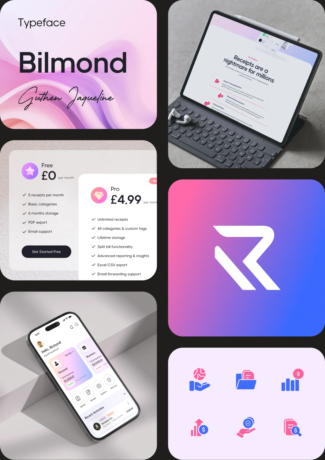 Receitly visual system: typography, product screens, icons and lavender gradients