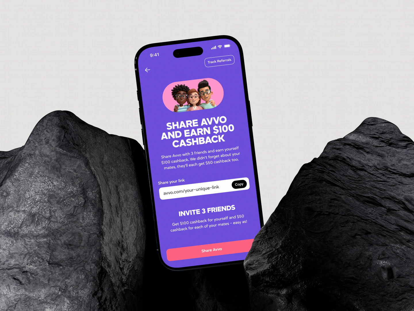 Avvo mobile product among dark rocks