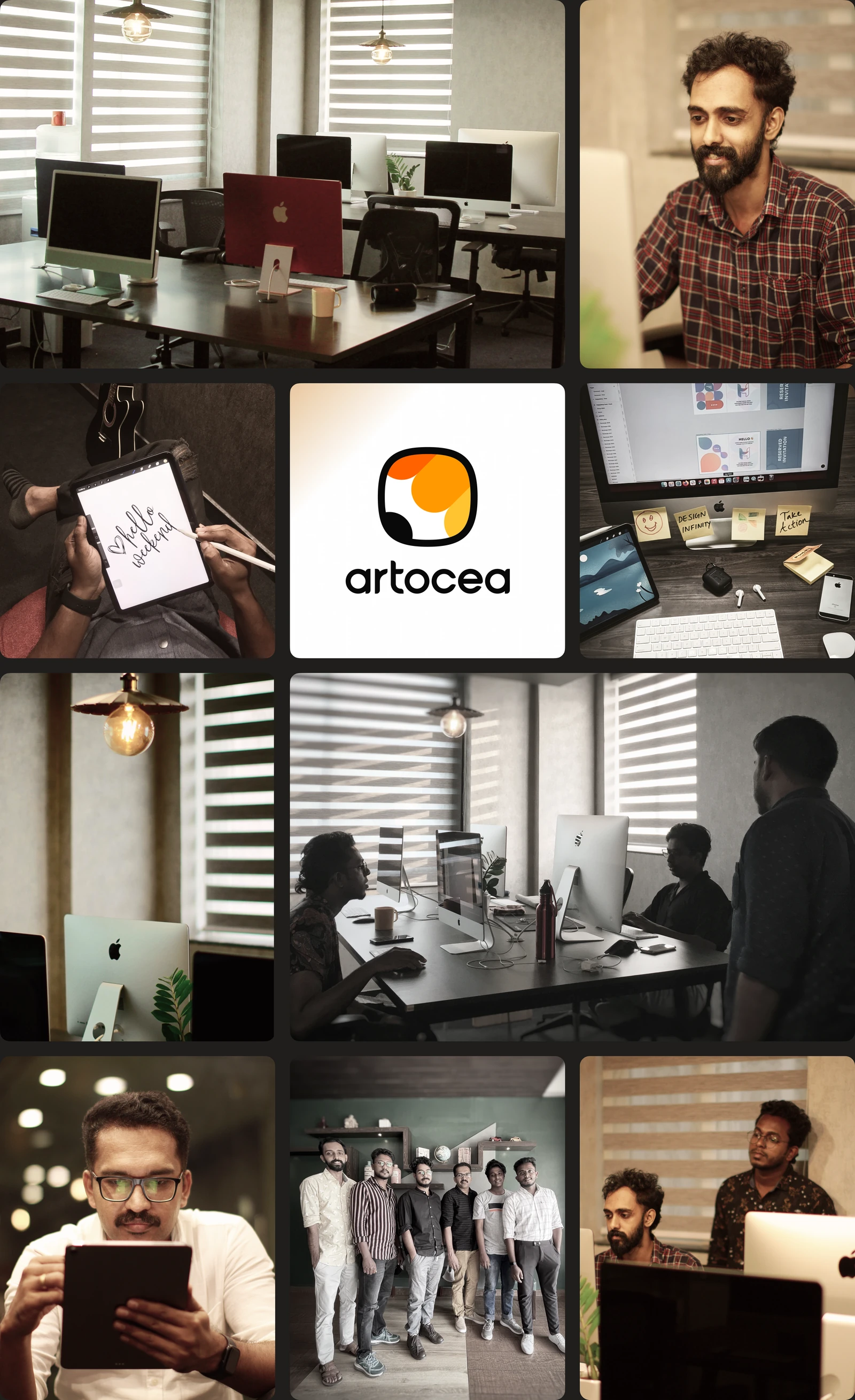 Artocea studio collage with team portraits, collaboration, branding and workspace photos